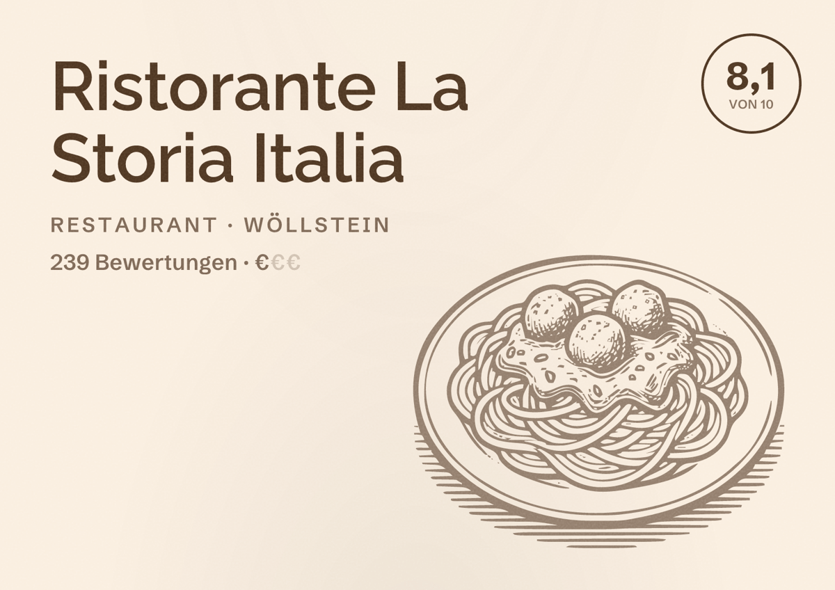 Illustriertes Poster von Ristorante La Storia Italia, Restaurant in Wöllstein: Bewertung 8,1 von 10 aus 239 Bewertungen, Preisniveau €