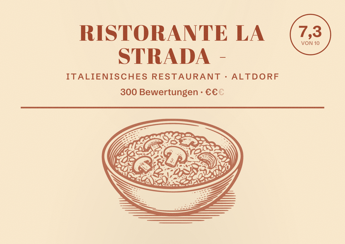 Illustriertes Poster von Ristorante La Strada -, Italienisches Restaurant in Altdorf: Bewertung 7,3 von 10 aus 300 Bewertungen, Preisniveau €€