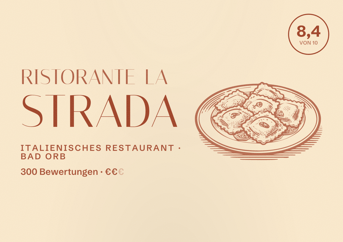 Illustriertes Poster von Ristorante La Strada, Italienisches Restaurant in Bad Orb: Bewertung 8,4 von 10 aus 300 Bewertungen, Preisniveau €€
