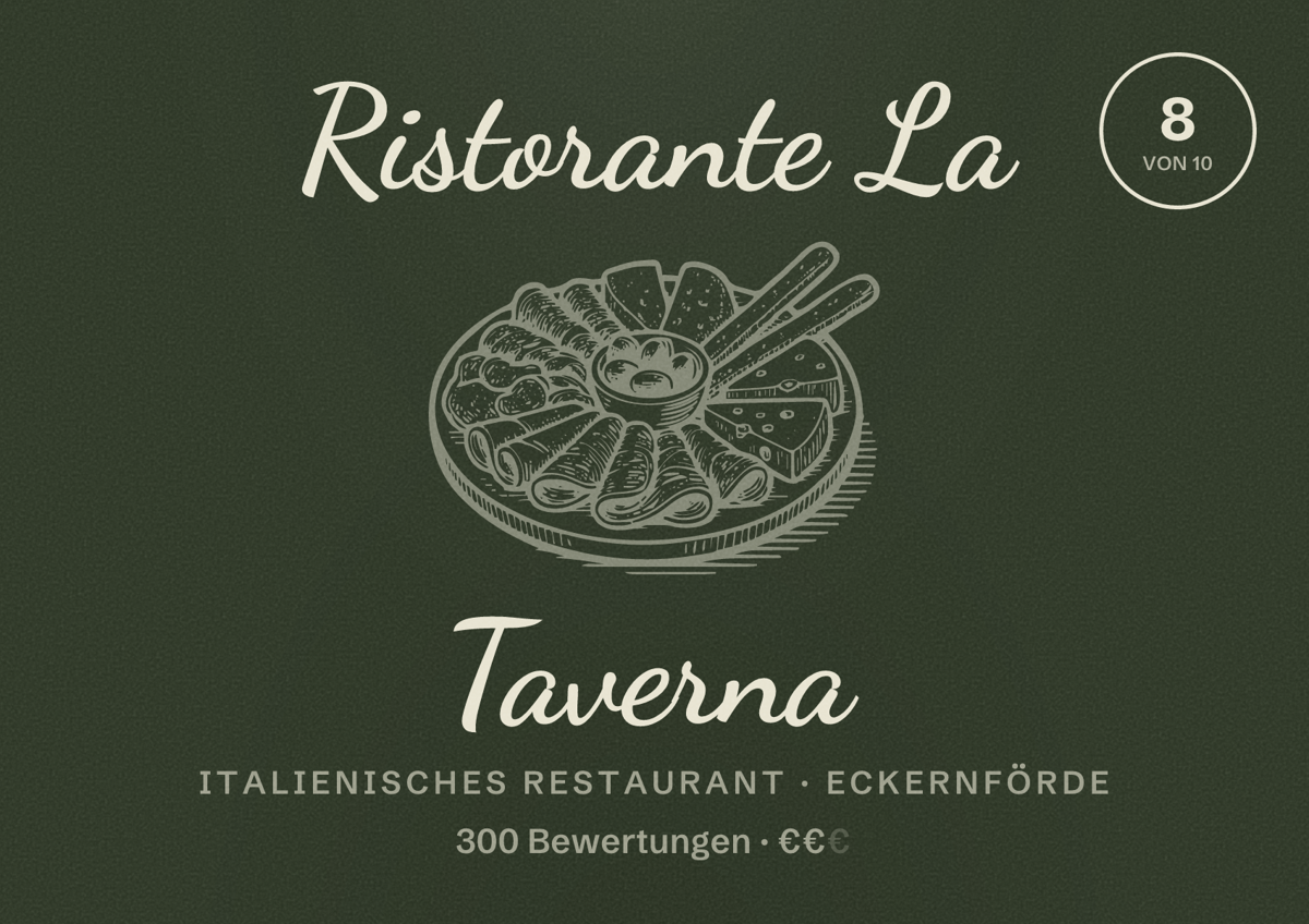 Illustriertes Poster von Ristorante La Taverna, Italienisches Restaurant in Eckernförde: Bewertung 8 von 10 aus 300 Bewertungen, Preisniveau €€