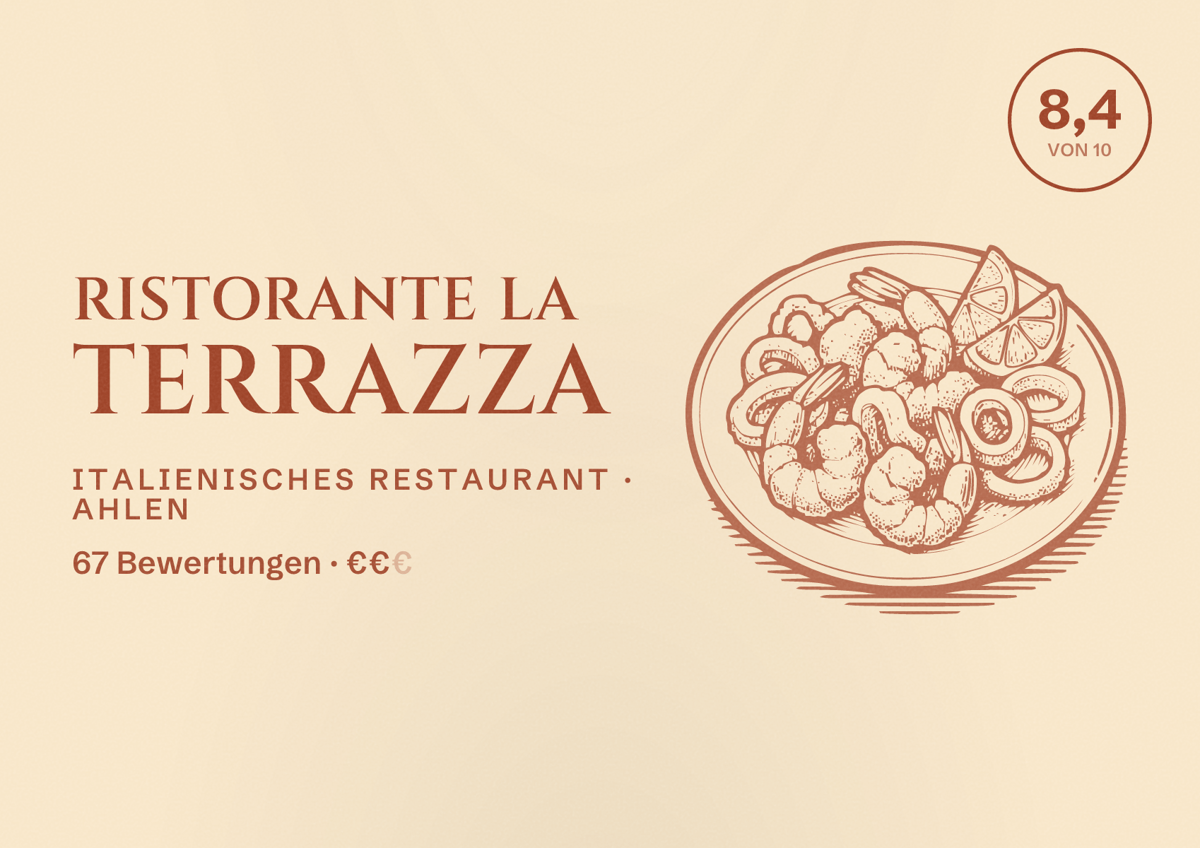 Illustriertes Poster von Ristorante La Terrazza, Italienisches Restaurant in Ahlen: Bewertung 8,4 von 10 aus 67 Bewertungen, Preisniveau €€