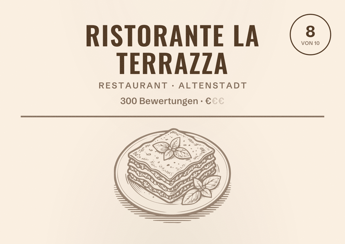 Illustriertes Poster von Ristorante La Terrazza, Restaurant in Altenstadt: Bewertung 8 von 10 aus 300 Bewertungen, Preisniveau €