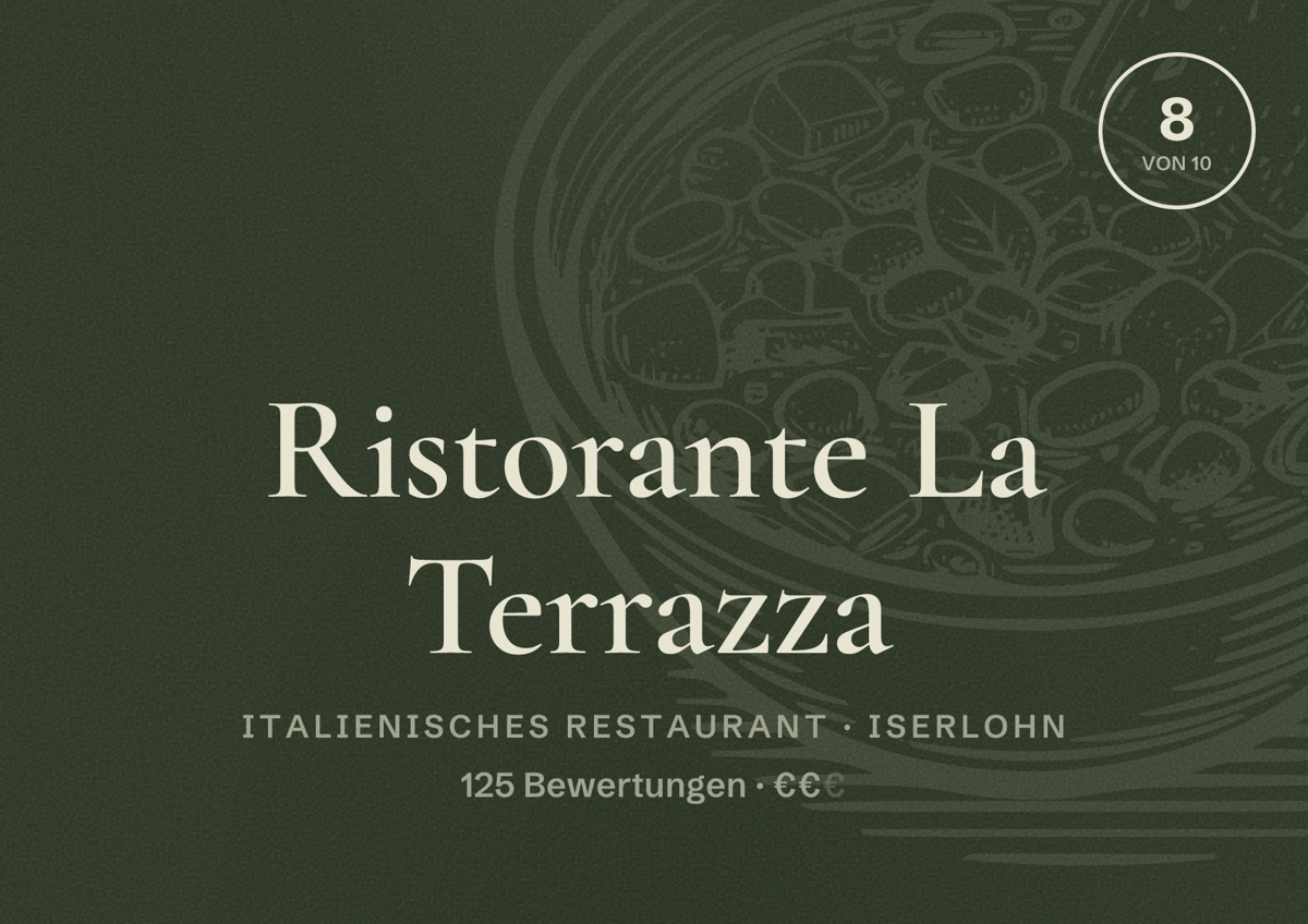 Illustriertes Poster von Ristorante La Terrazza, Italienisches Restaurant in Iserlohn: Bewertung 8 von 10 aus 125 Bewertungen, Preisniveau €€