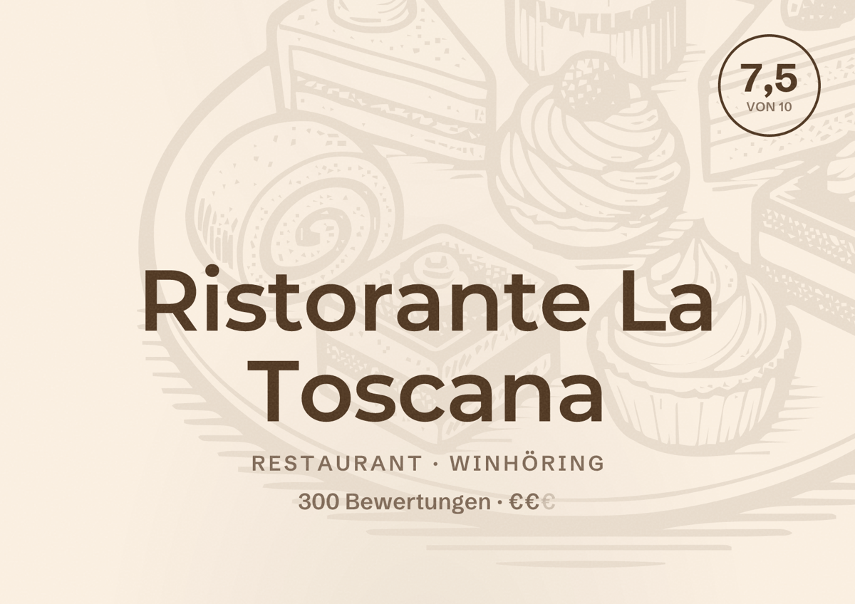 Illustriertes Poster von Ristorante La Toscana, Restaurant in Winhöring: Bewertung 7,5 von 10 aus 300 Bewertungen, Preisniveau €€