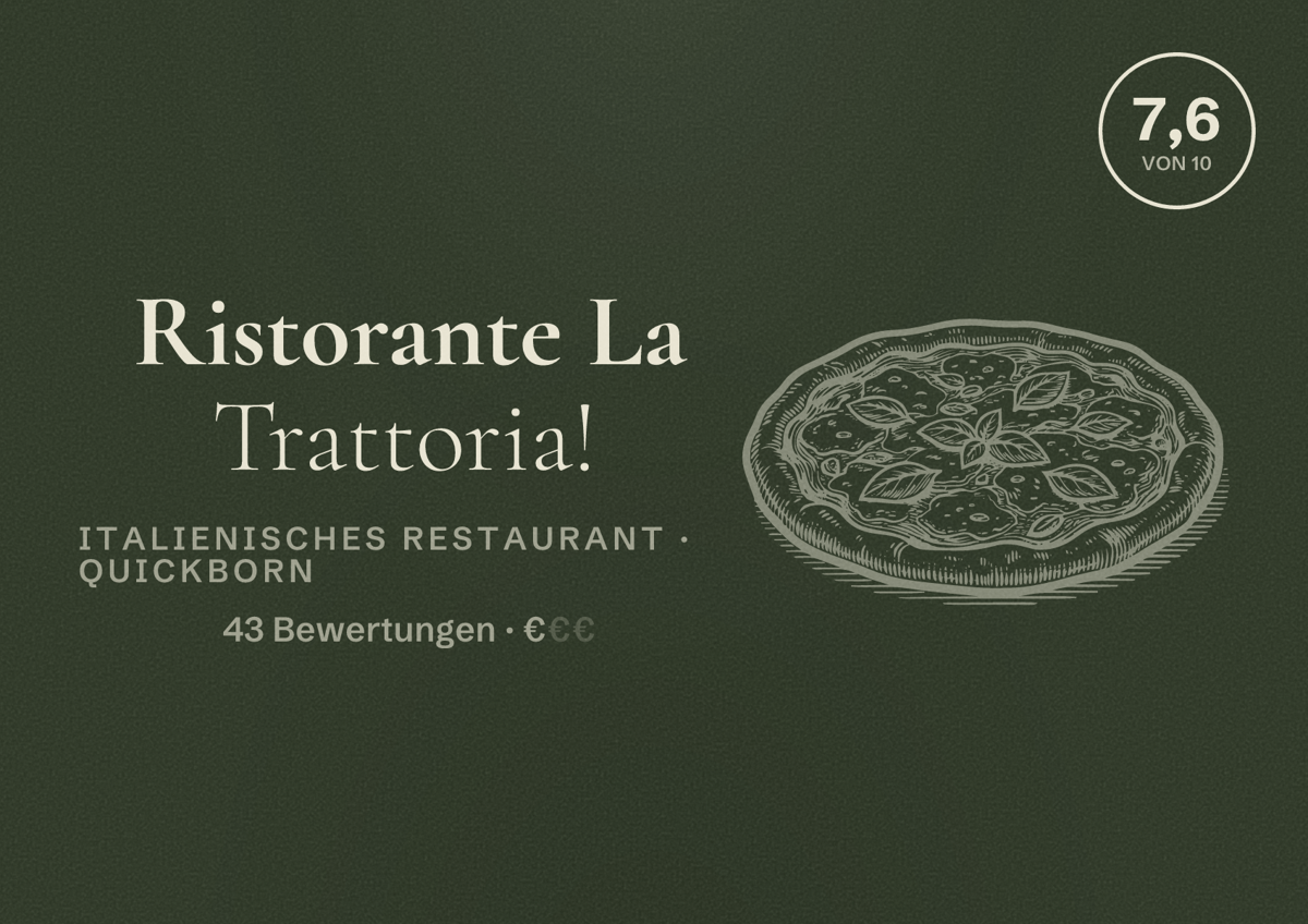 Illustriertes Poster von Ristorante La Trattoria!, Italienisches Restaurant in Quickborn: Bewertung 7,6 von 10 aus 43 Bewertungen, Preisniveau €