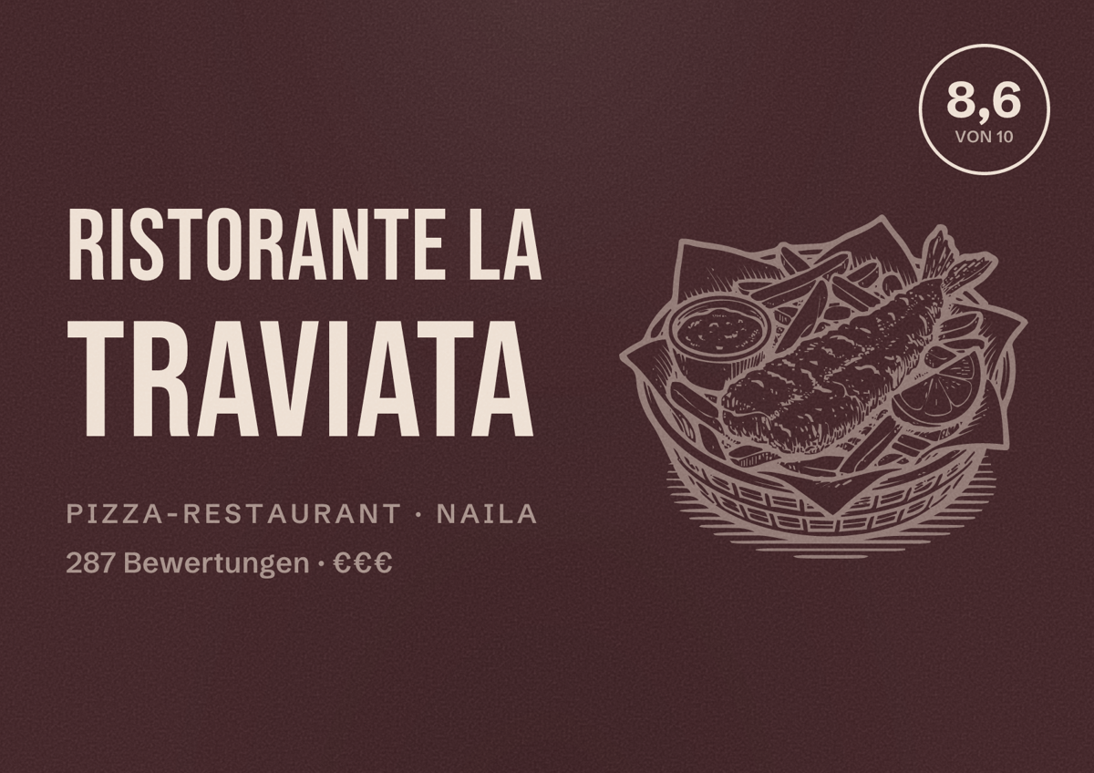 Illustriertes Poster von Ristorante La Traviata, Pizza-Restaurant in Naila: Bewertung 8,6 von 10 aus 287 Bewertungen, Preisniveau €€€