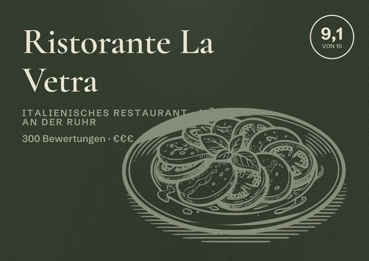 Illustriertes Poster von Ristorante La Vetra, Italienisches Restaurant in Mülheim an der Ruhr: Bewertung 9,1 von 10 aus 300 Bewertungen, Preisniveau €€€