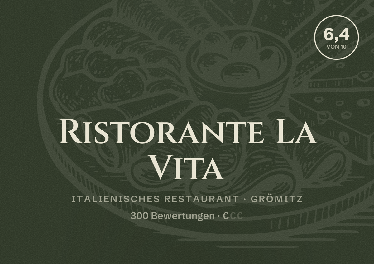Illustriertes Poster von Ristorante La Vita, Italienisches Restaurant in Grömitz: Bewertung 6,4 von 10 aus 300 Bewertungen, Preisniveau €