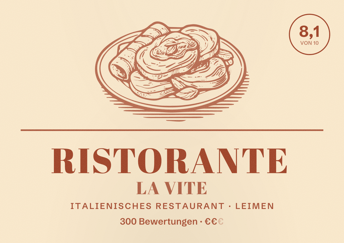 Illustriertes Poster von Ristorante La Vite, Italienisches Restaurant in Leimen: Bewertung 8,1 von 10 aus 300 Bewertungen, Preisniveau €€