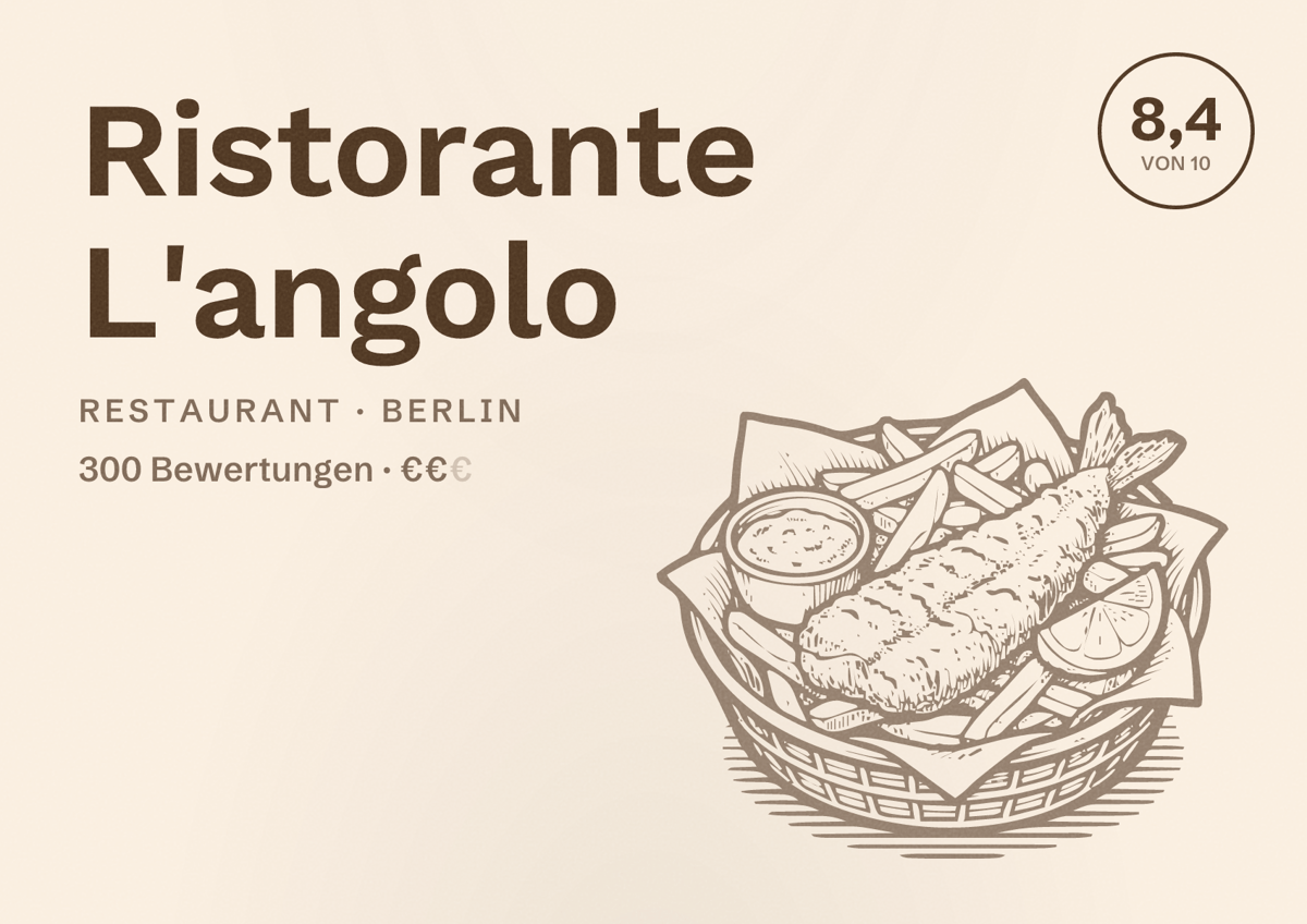 Illustriertes Poster von Ristorante L'angolo, Restaurant in Berlin: Bewertung 8,4 von 10 aus 300 Bewertungen, Preisniveau €€