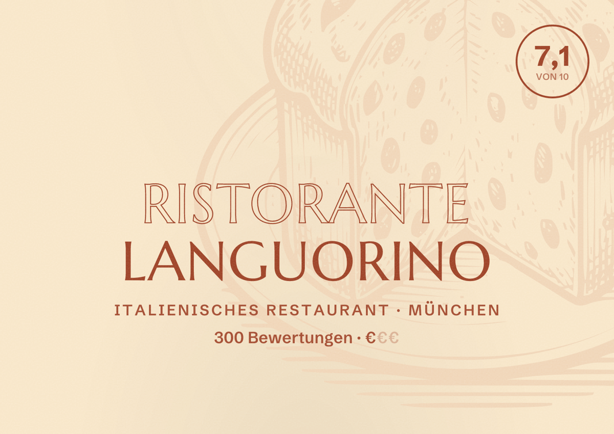 Illustriertes Poster von Ristorante Languorino, Italienisches Restaurant in München: Bewertung 7,1 von 10 aus 300 Bewertungen, Preisniveau €