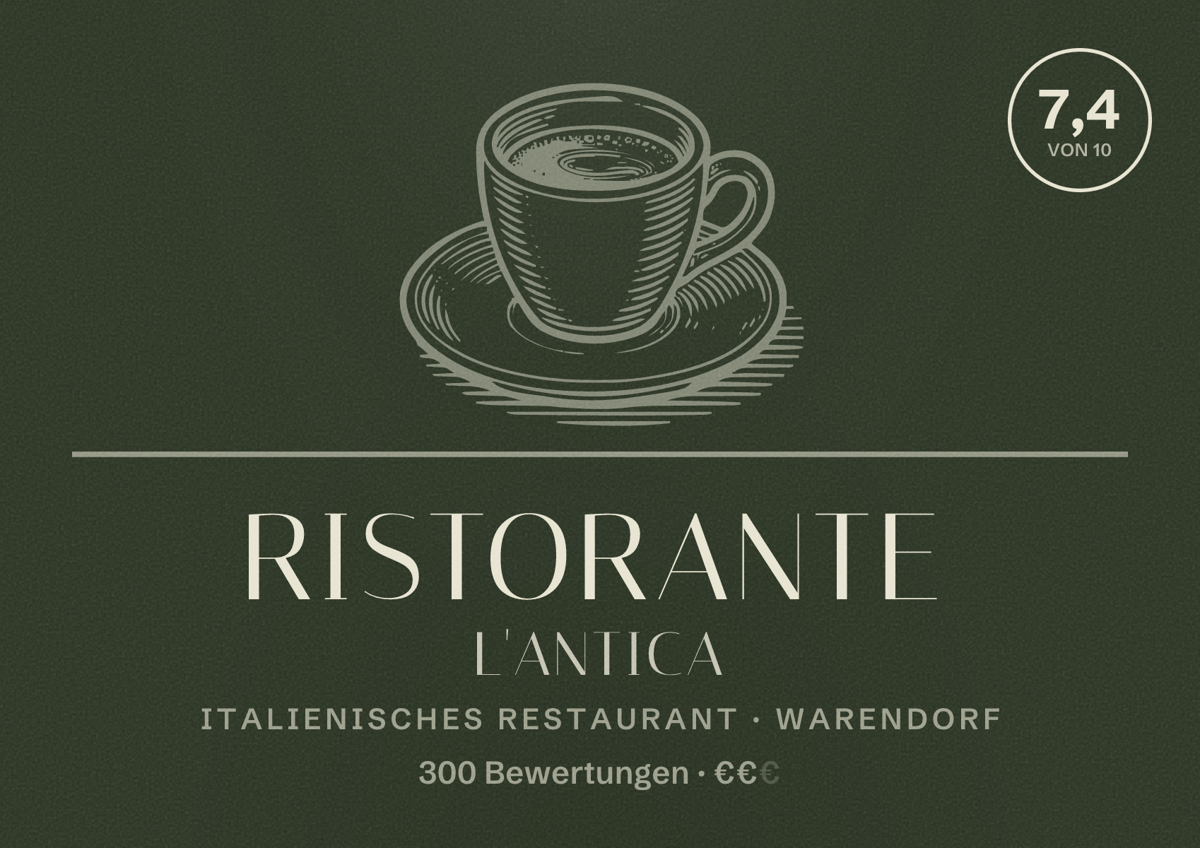Illustriertes Poster von Ristorante L'Antica, Italienisches Restaurant in Warendorf: Bewertung 7,4 von 10 aus 300 Bewertungen, Preisniveau €€