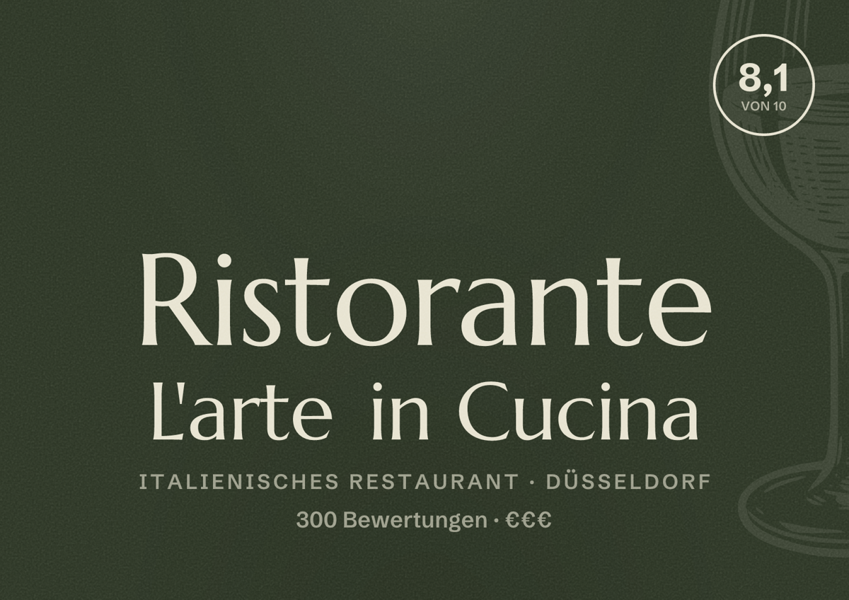Illustriertes Poster von Ristorante L'arte in Cucina, Italienisches Restaurant in Düsseldorf: Bewertung 8,1 von 10 aus 300 Bewertungen, Preisniveau €€€