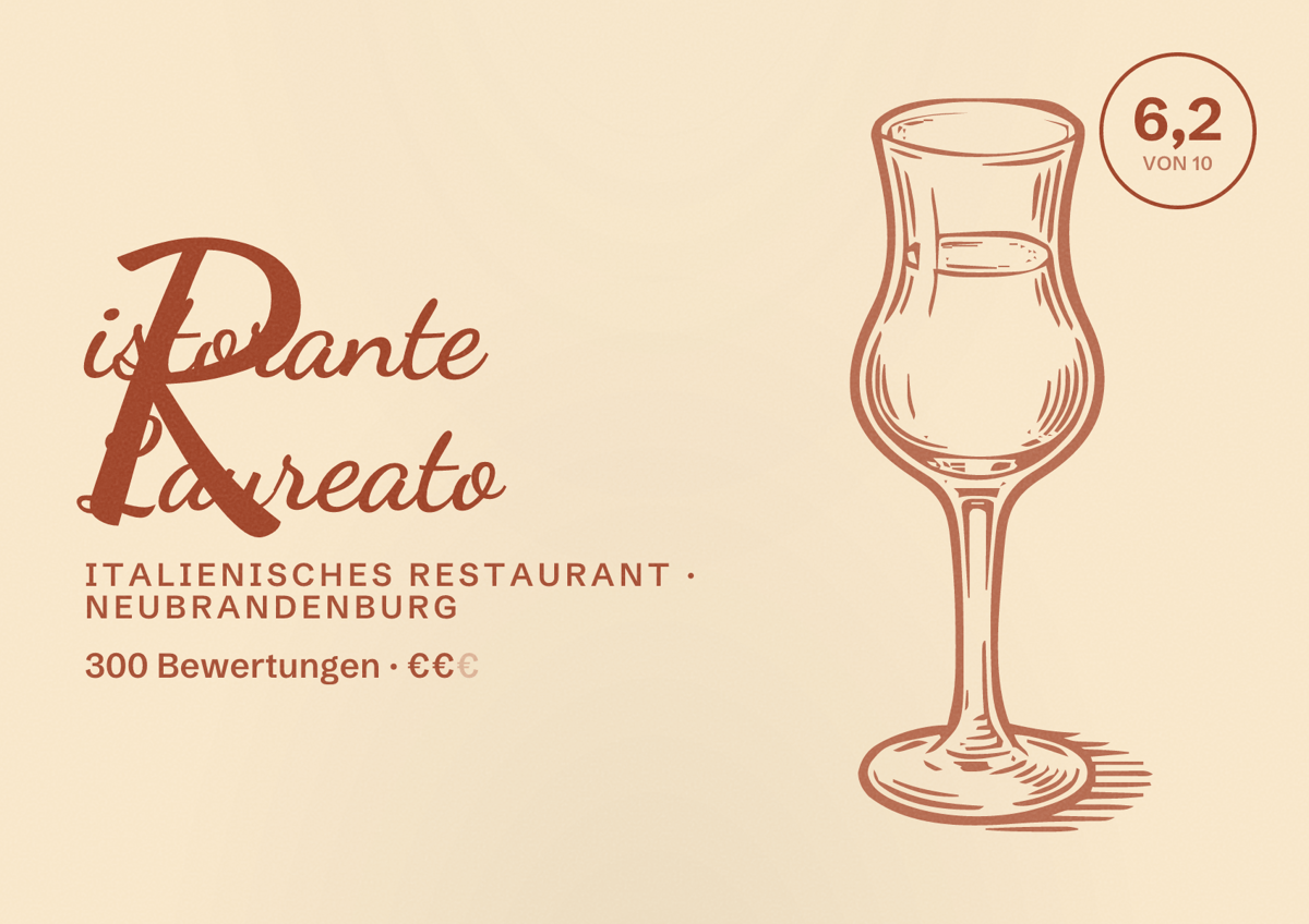 Illustriertes Poster von Ristorante Laureato, Italienisches Restaurant in Neubrandenburg: Bewertung 6,2 von 10 aus 300 Bewertungen, Preisniveau €€