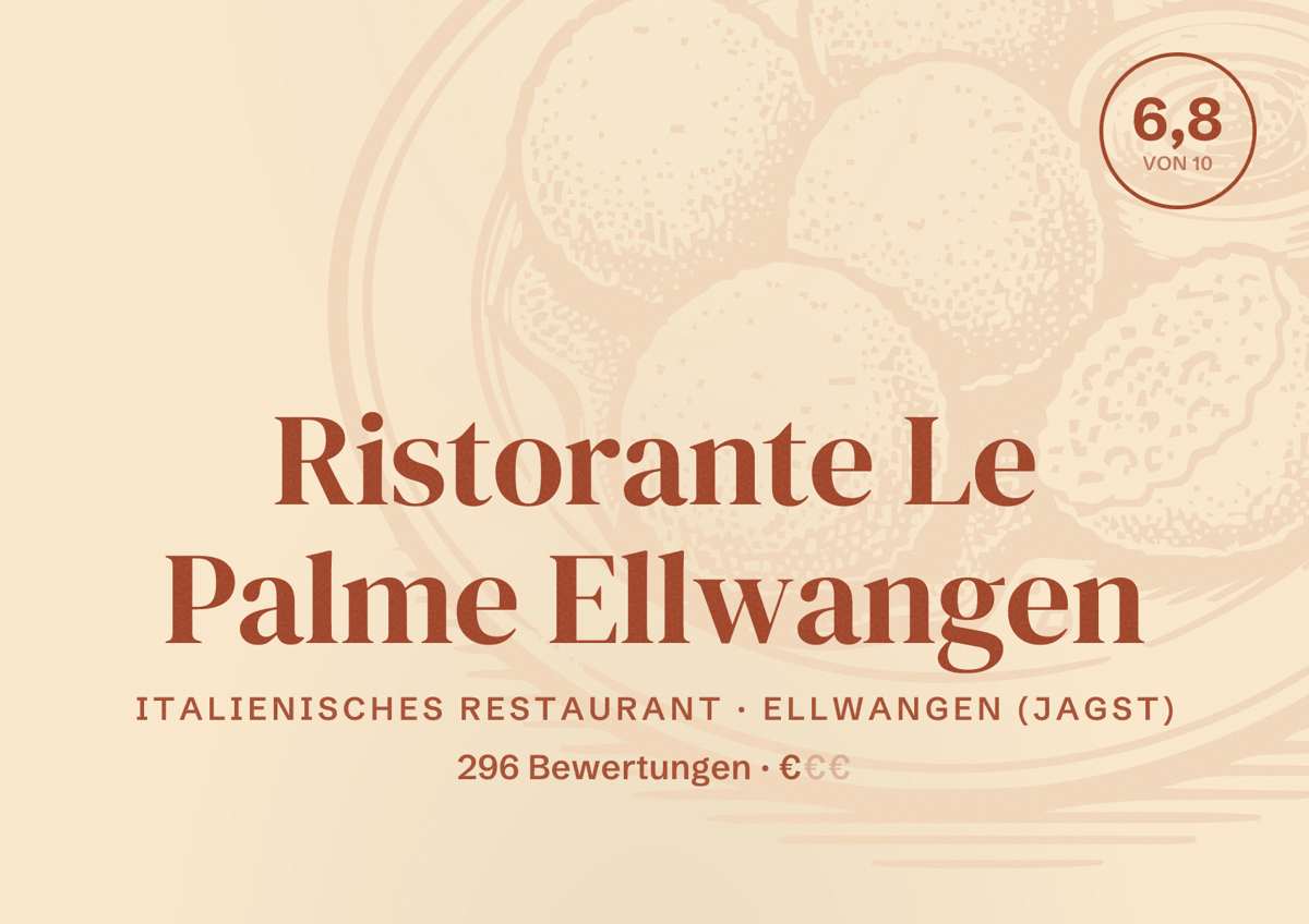 Illustriertes Poster von Ristorante Le Palme Ellwangen, Italienisches Restaurant in Ellwangen (Jagst): Bewertung 6,8 von 10 aus 296 Bewertungen, Preisniveau €