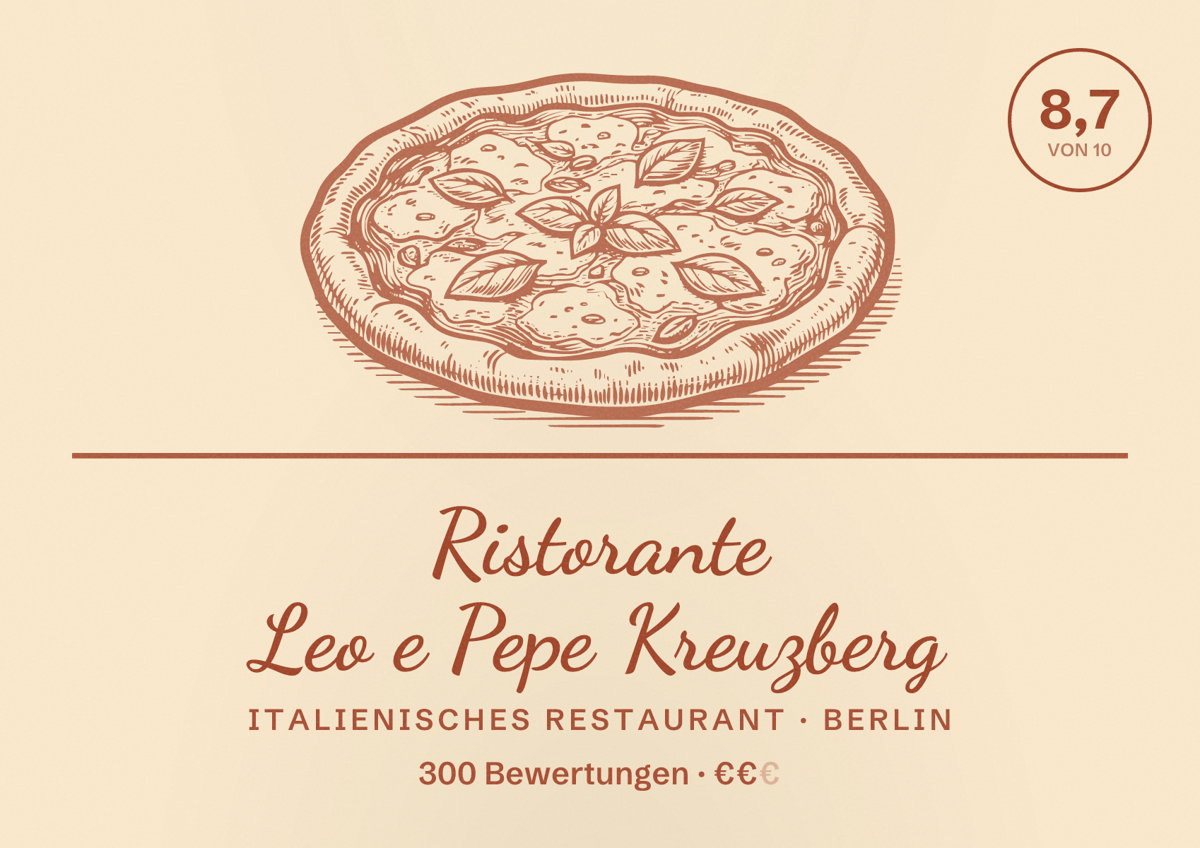 Illustriertes Poster von Ristorante Leo e Pepe Kreuzberg, Italienisches Restaurant in Berlin: Bewertung 8,7 von 10 aus 300 Bewertungen, Preisniveau €€