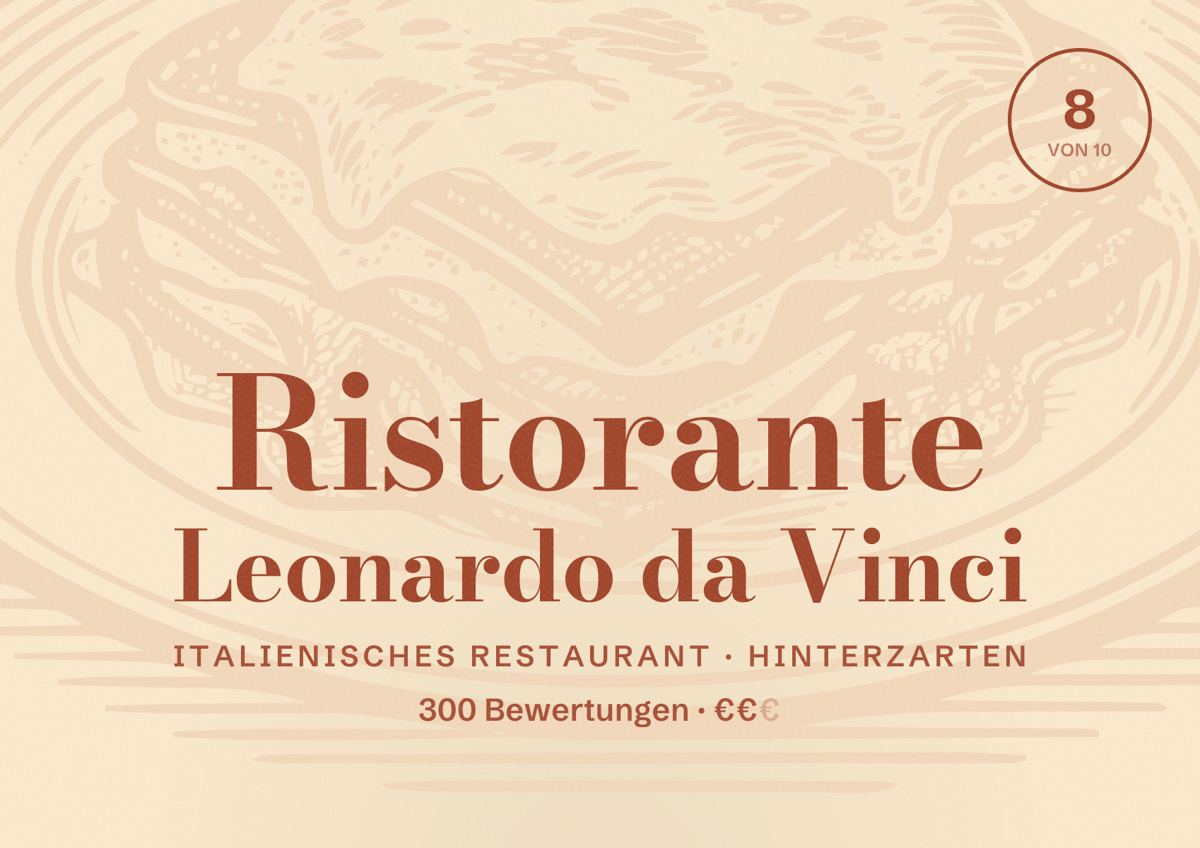 Illustriertes Poster von Ristorante Leonardo da Vinci, Italienisches Restaurant in Hinterzarten: Bewertung 8 von 10 aus 300 Bewertungen, Preisniveau €€