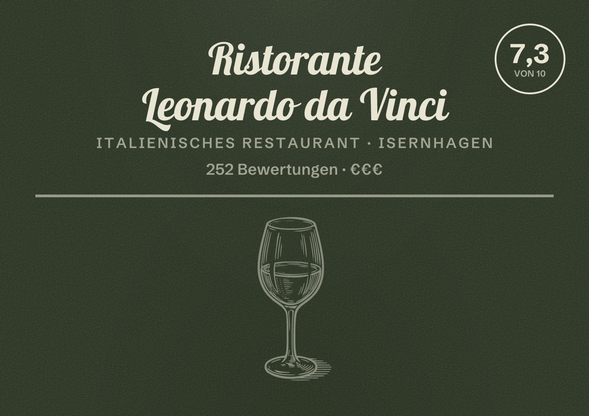 Illustriertes Poster von Ristorante Leonardo da Vinci, Italienisches Restaurant in Isernhagen: Bewertung 7,3 von 10 aus 252 Bewertungen, Preisniveau €€€