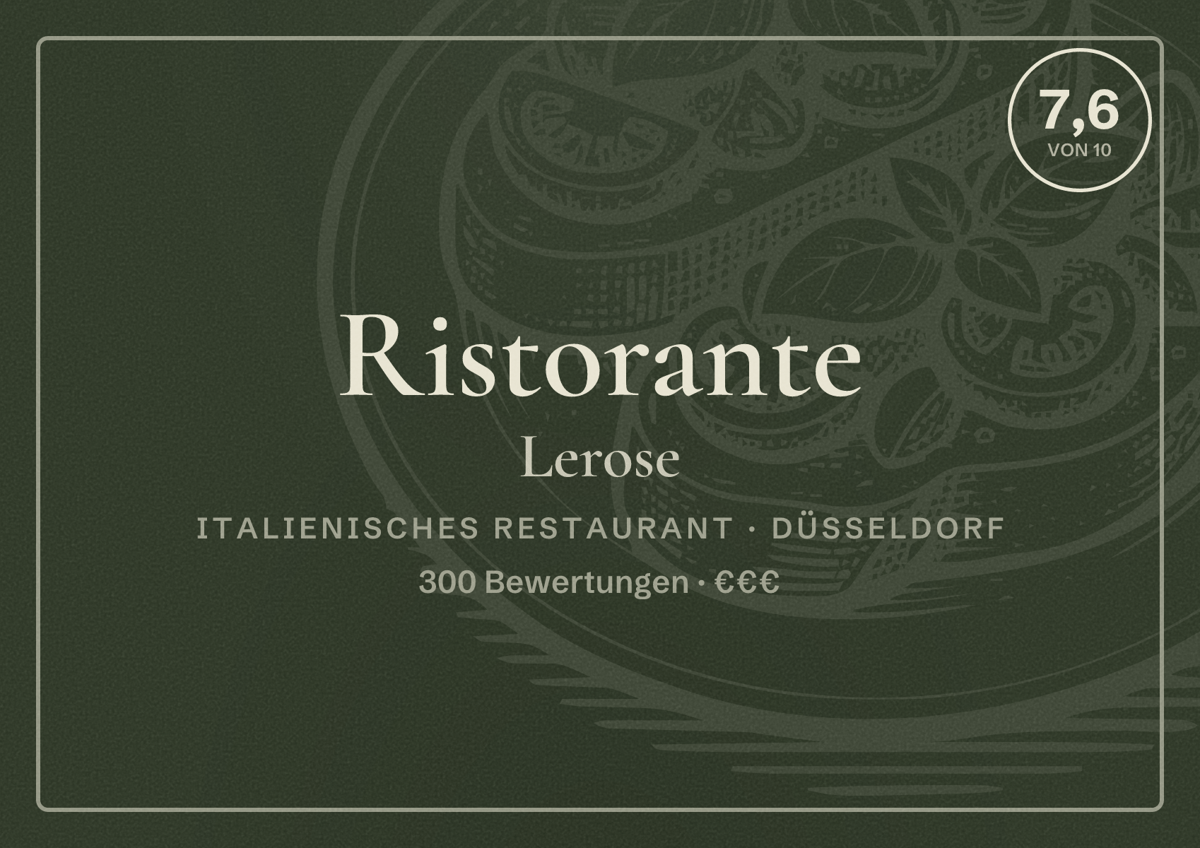 Illustriertes Poster von Ristorante Lerose, Italienisches Restaurant in Düsseldorf: Bewertung 7,6 von 10 aus 300 Bewertungen, Preisniveau €€€