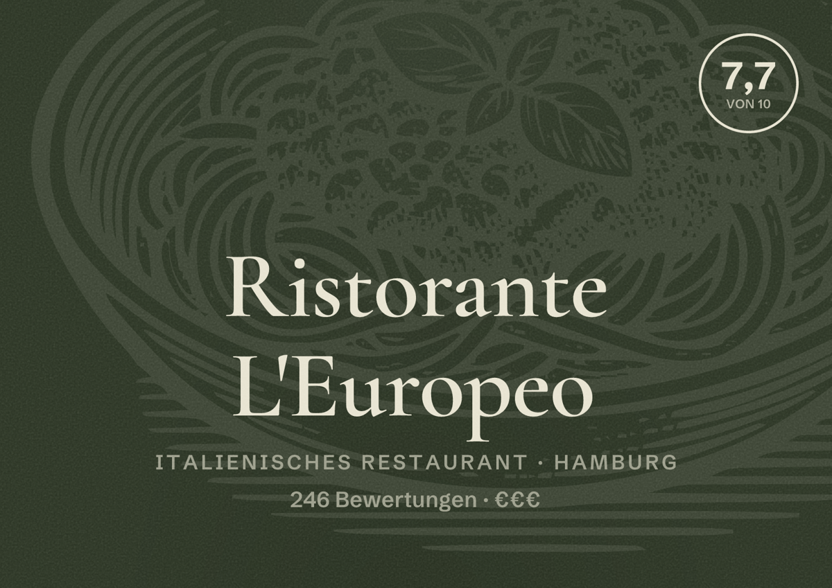 Illustriertes Poster von Ristorante L'Europeo, Italienisches Restaurant in Hamburg: Bewertung 7,7 von 10 aus 246 Bewertungen, Preisniveau €€€