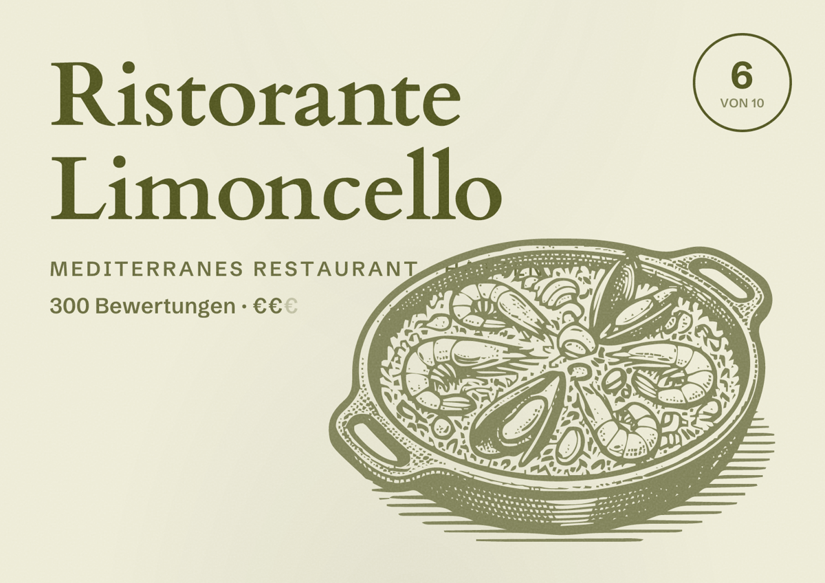Illustriertes Poster von Ristorante Limoncello, Mediterranes Restaurant in Hatten: Bewertung 6 von 10 aus 300 Bewertungen, Preisniveau €€