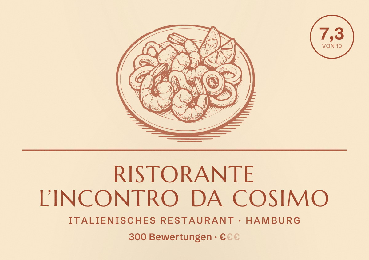 Illustriertes Poster von Ristorante L’incontro da Cosimo, Italienisches Restaurant in Hamburg: Bewertung 7,3 von 10 aus 300 Bewertungen, Preisniveau €