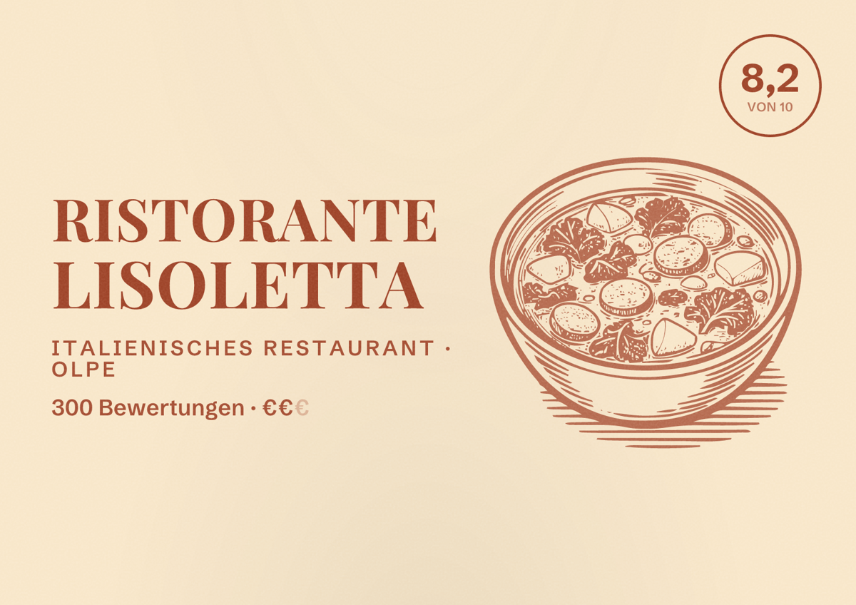 Illustriertes Poster von Ristorante Lisoletta, Italienisches Restaurant in Olpe: Bewertung 8,2 von 10 aus 300 Bewertungen, Preisniveau €€