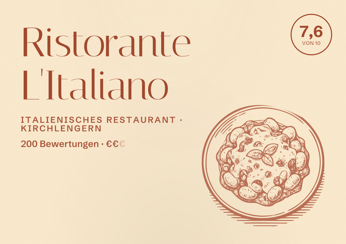 Illustriertes Poster von Ristorante L'Italiano, Italienisches Restaurant in Kirchlengern: Bewertung 7,6 von 10 aus 200 Bewertungen, Preisniveau €€