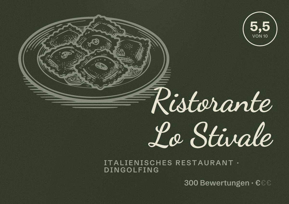 Illustriertes Poster von Ristorante Lo Stivale, Italienisches Restaurant in Dingolfing: Bewertung 5,5 von 10 aus 300 Bewertungen, Preisniveau €