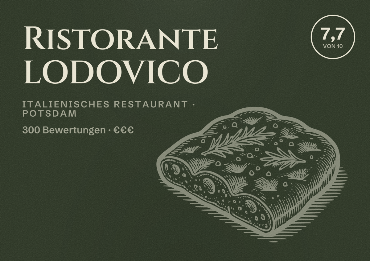 Illustriertes Poster von Ristorante LODOVICO, Italienisches Restaurant in Potsdam: Bewertung 7,7 von 10 aus 300 Bewertungen, Preisniveau €€€