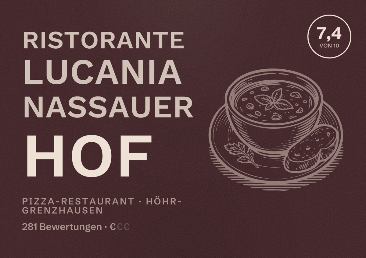 Illustriertes Poster von Ristorante Lucania Nassauer Hof, Pizza-Restaurant in Höhr-Grenzhausen: Bewertung 7,4 von 10 aus 281 Bewertungen, Preisniveau €