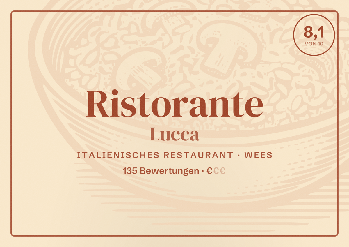 Illustriertes Poster von Ristorante Lucca, Italienisches Restaurant in Wees: Bewertung 8,1 von 10 aus 135 Bewertungen, Preisniveau €