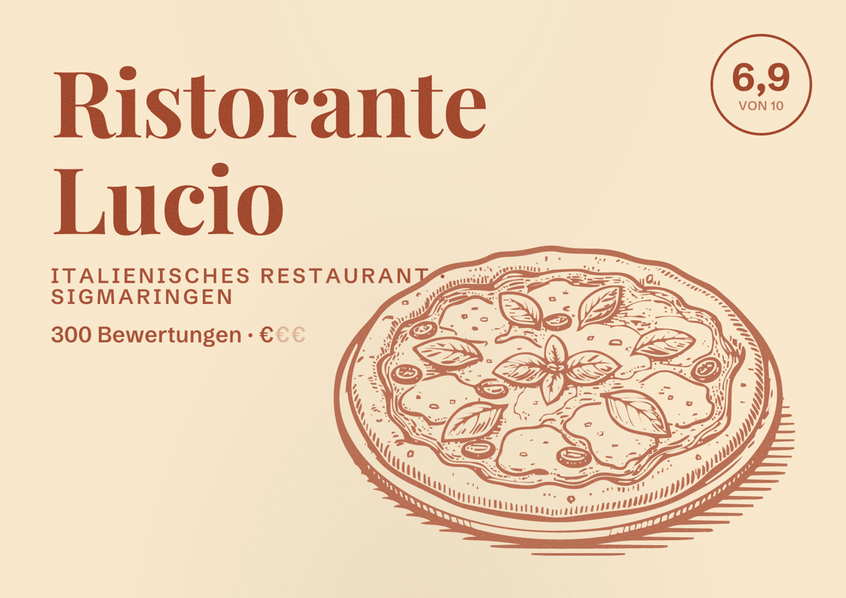 Illustriertes Poster von Ristorante Lucio, Italienisches Restaurant in Sigmaringen: Bewertung 6,9 von 10 aus 300 Bewertungen, Preisniveau €