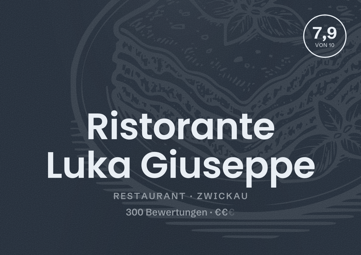 Illustriertes Poster von Ristorante Luka Giuseppe, Restaurant in Zwickau: Bewertung 7,9 von 10 aus 300 Bewertungen, Preisniveau €€