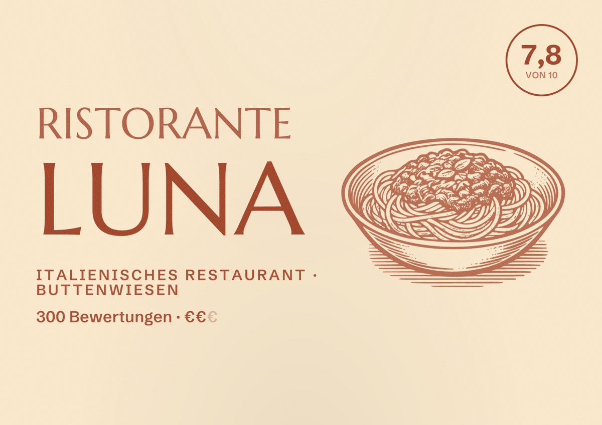 Illustriertes Poster von Ristorante Luna, Italienisches Restaurant in Buttenwiesen: Bewertung 7,8 von 10 aus 300 Bewertungen, Preisniveau €€