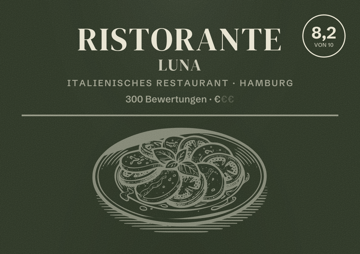 Illustriertes Poster von Ristorante Luna, Italienisches Restaurant in Hamburg: Bewertung 8,2 von 10 aus 300 Bewertungen, Preisniveau €
