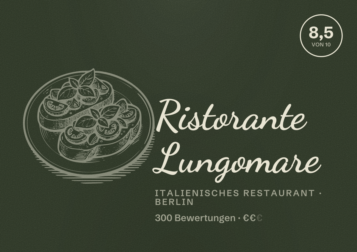 Illustriertes Poster von Ristorante Lungomare, Italienisches Restaurant in Berlin: Bewertung 8,5 von 10 aus 300 Bewertungen, Preisniveau €€