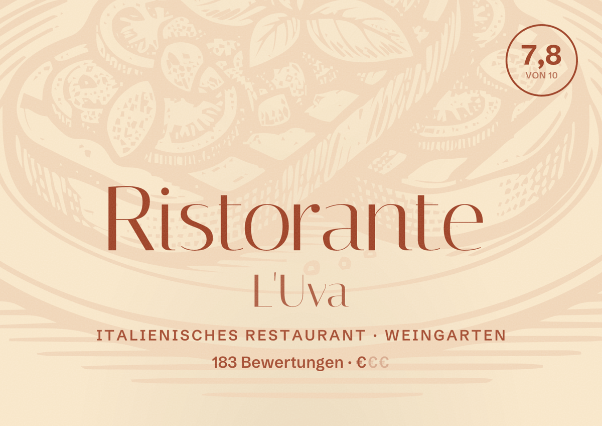 Illustriertes Poster von Ristorante L'Uva, Italienisches Restaurant in Weingarten: Bewertung 7,8 von 10 aus 183 Bewertungen, Preisniveau €