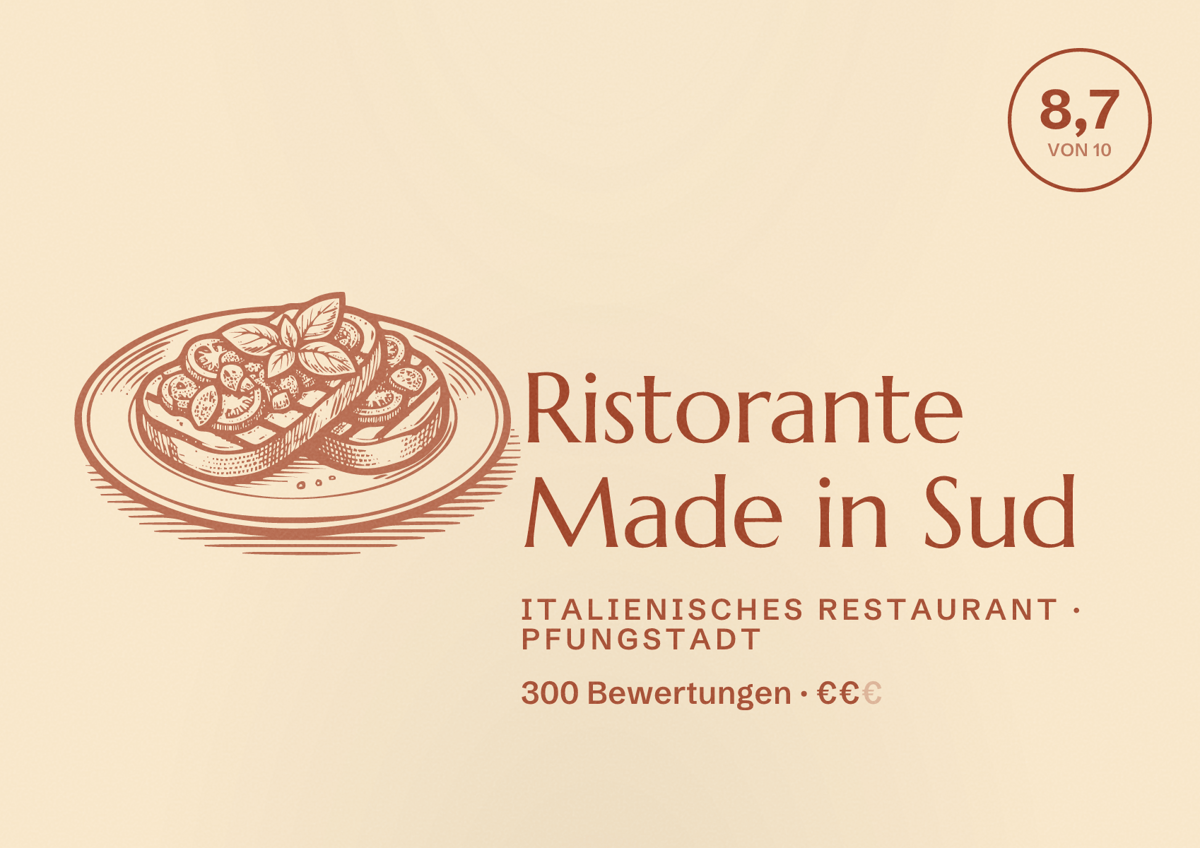 Illustriertes Poster von Ristorante Made in Sud, Italienisches Restaurant in Pfungstadt: Bewertung 8,7 von 10 aus 300 Bewertungen, Preisniveau €€