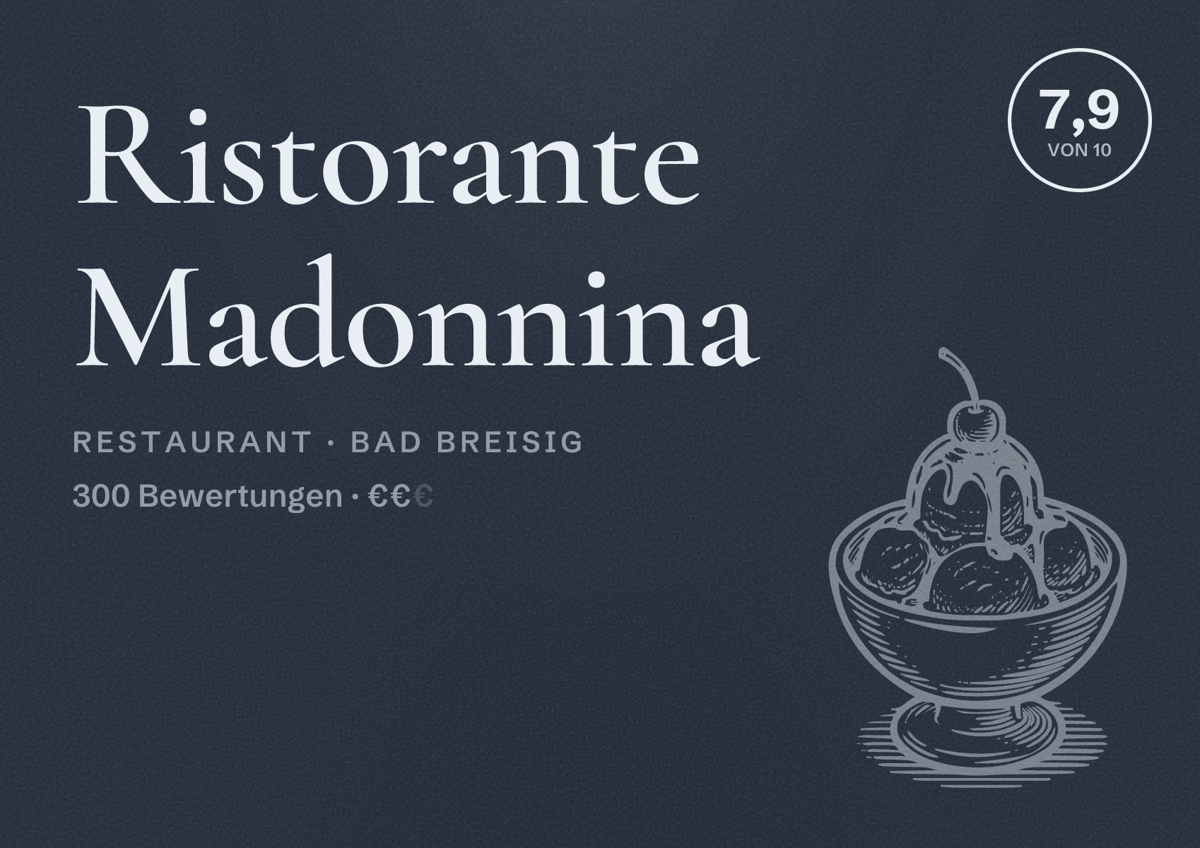 Illustriertes Poster von Ristorante Madonnina, Restaurant in Bad Breisig: Bewertung 7,9 von 10 aus 300 Bewertungen, Preisniveau €€