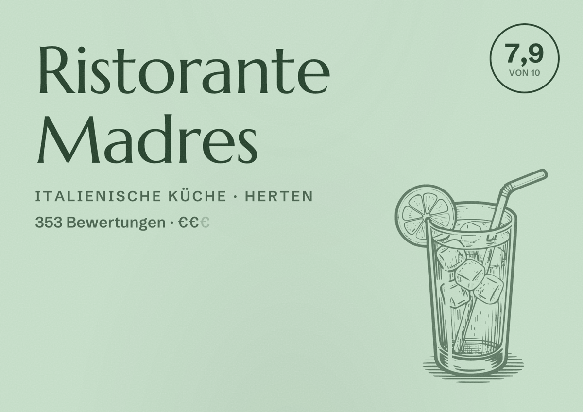 Illustriertes Poster von Ristorante Madres, Italienische Küche in Herten: Bewertung 7,9 von 10 aus 353 Bewertungen, Preisniveau €€