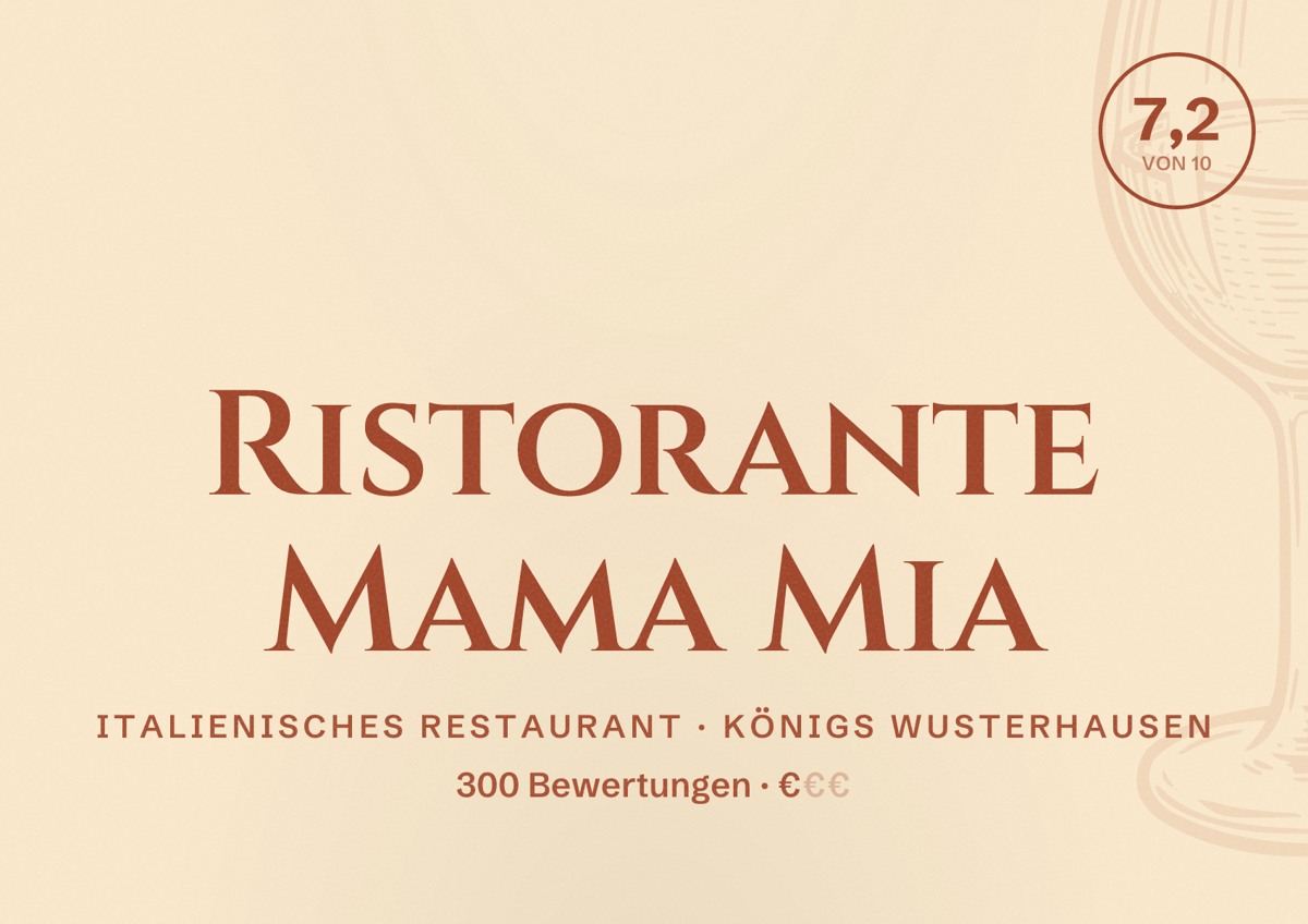 Illustriertes Poster von Ristorante Mama Mia, Italienisches Restaurant in Königs Wusterhausen: Bewertung 7,2 von 10 aus 300 Bewertungen, Preisniveau €