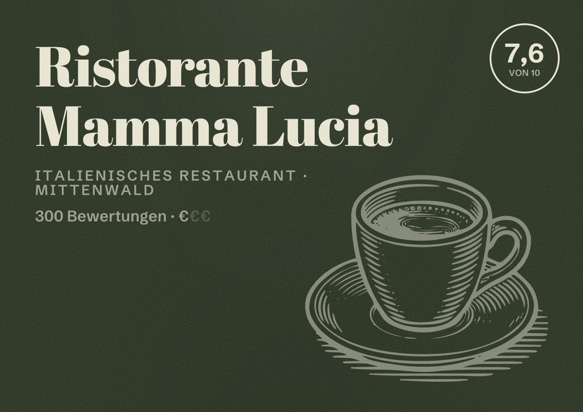 Illustriertes Poster von Ristorante Mamma Lucia, Italienisches Restaurant in Mittenwald: Bewertung 7,6 von 10 aus 300 Bewertungen, Preisniveau €
