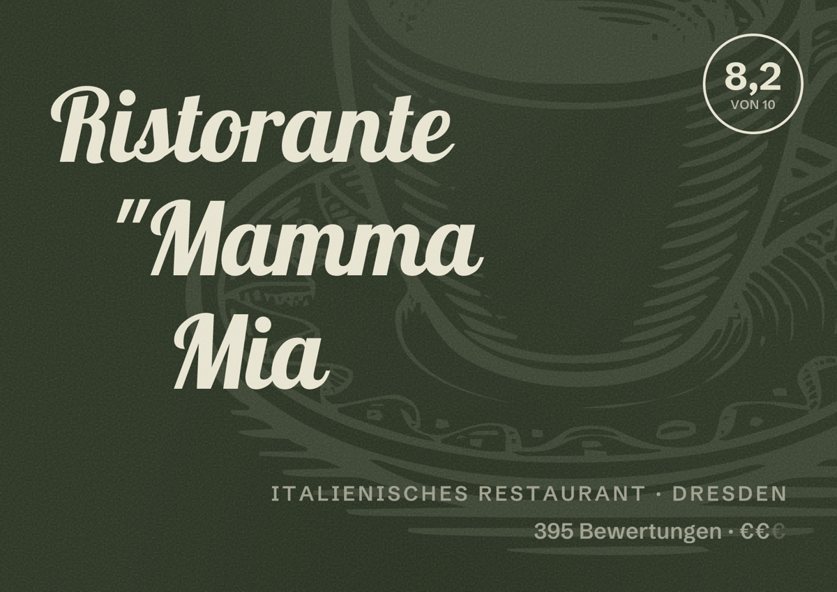 Illustriertes Poster von Ristorante "Mamma Mia, Italienisches Restaurant in Dresden: Gästebewertung 8,2 von 10 aus 395 Bewertungen