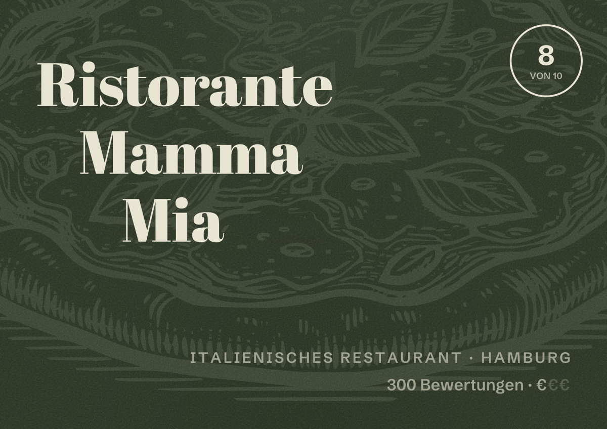 Illustriertes Poster von Ristorante Mamma Mia, Italienisches Restaurant in Hamburg: Bewertung 8 von 10 aus 300 Bewertungen, Preisniveau €