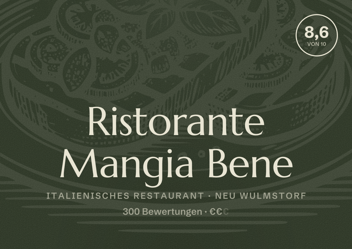 Illustriertes Poster von Ristorante Mangia Bene, Italienisches Restaurant in Neu Wulmstorf: Bewertung 8,6 von 10 aus 300 Bewertungen, Preisniveau €€