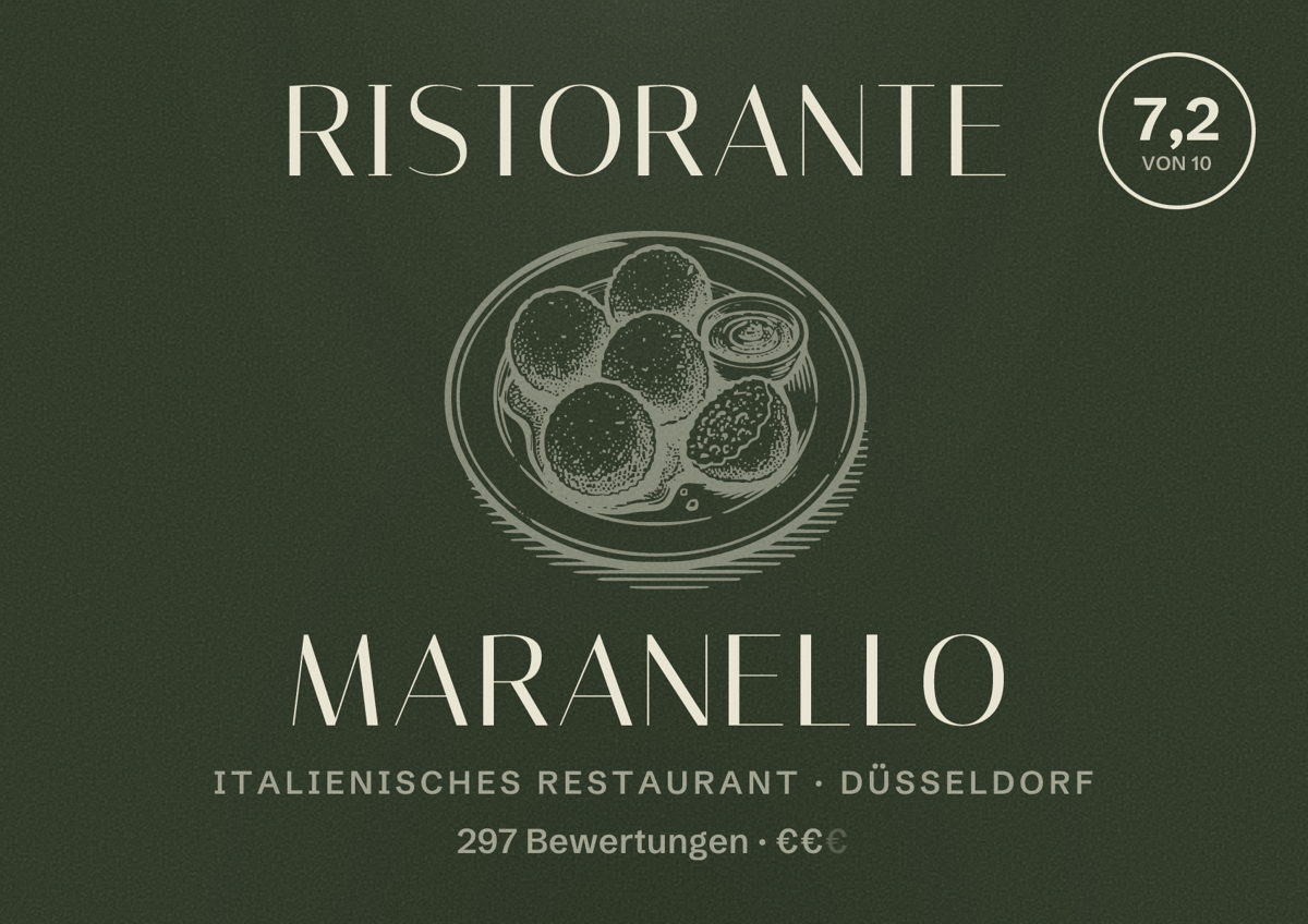 Illustriertes Poster von Ristorante Maranello, Italienisches Restaurant in Düsseldorf: Bewertung 7,2 von 10 aus 297 Bewertungen, Preisniveau €€