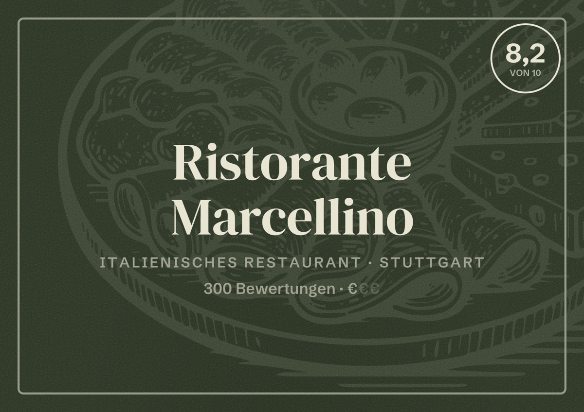 Illustriertes Poster von Ristorante Marcellino, Italienisches Restaurant in Stuttgart: Bewertung 8,2 von 10 aus 300 Bewertungen, Preisniveau €