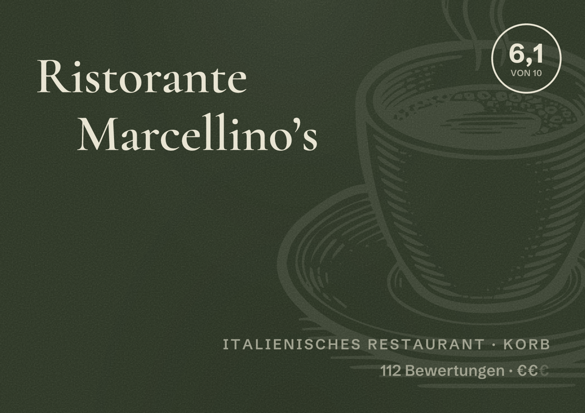 Illustriertes Poster von Ristorante Marcellino’s, Italienisches Restaurant in Korb: Bewertung 6,1 von 10 aus 112 Bewertungen, Preisniveau €€