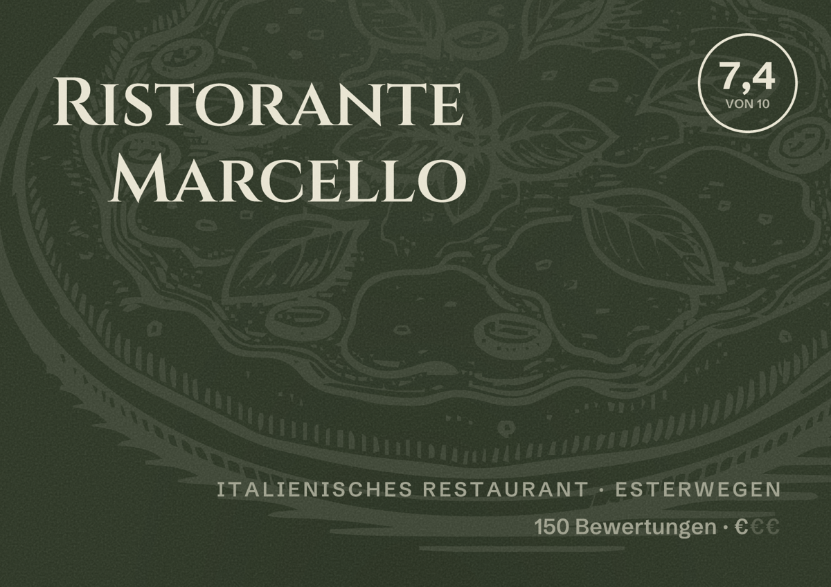 Illustriertes Poster von Ristorante Marcello, Italienisches Restaurant in Esterwegen: Bewertung 7,4 von 10 aus 150 Bewertungen, Preisniveau €